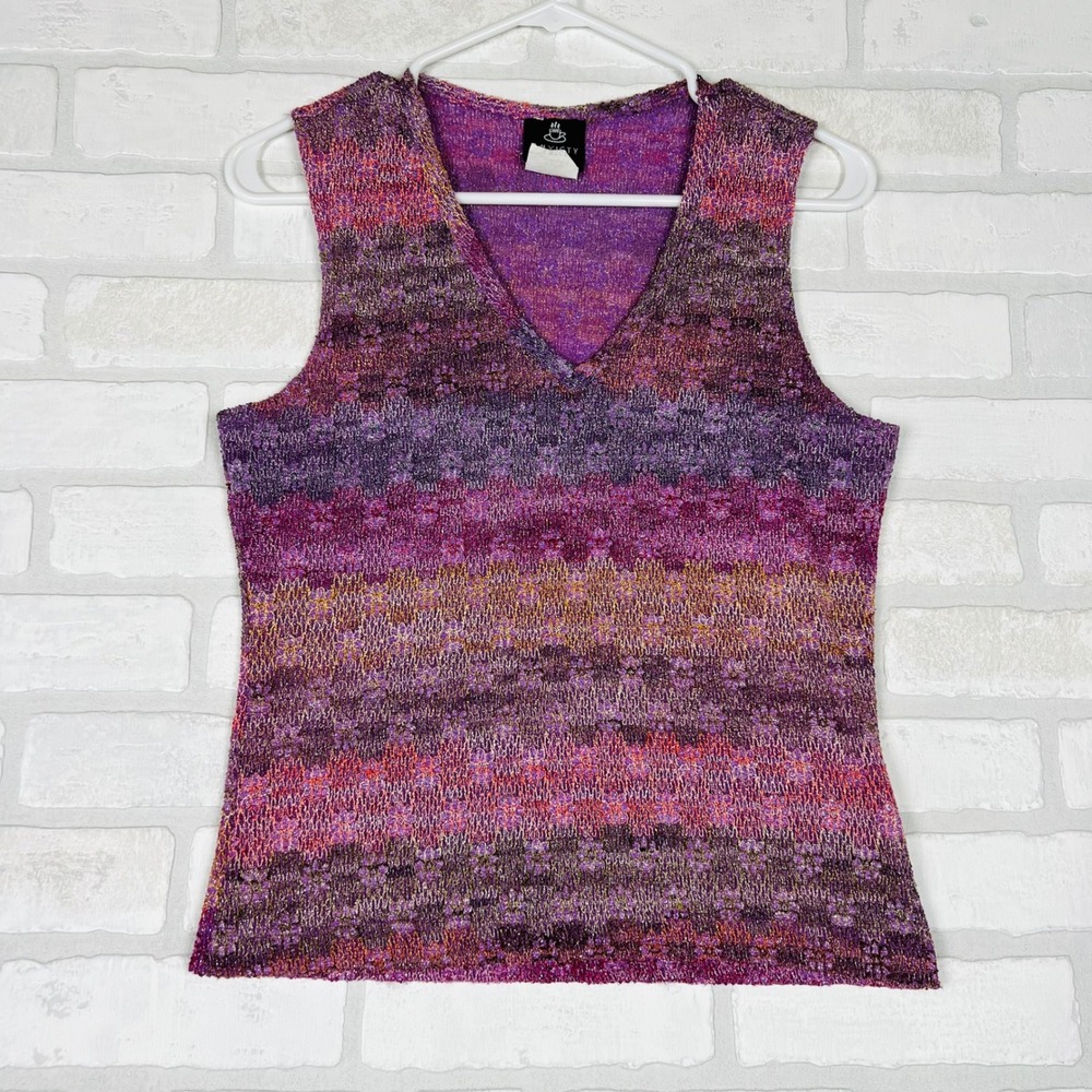 Vintage Anxiety Cafe Purple Metallic Space Dye V-Neck Knit Tank Top Large